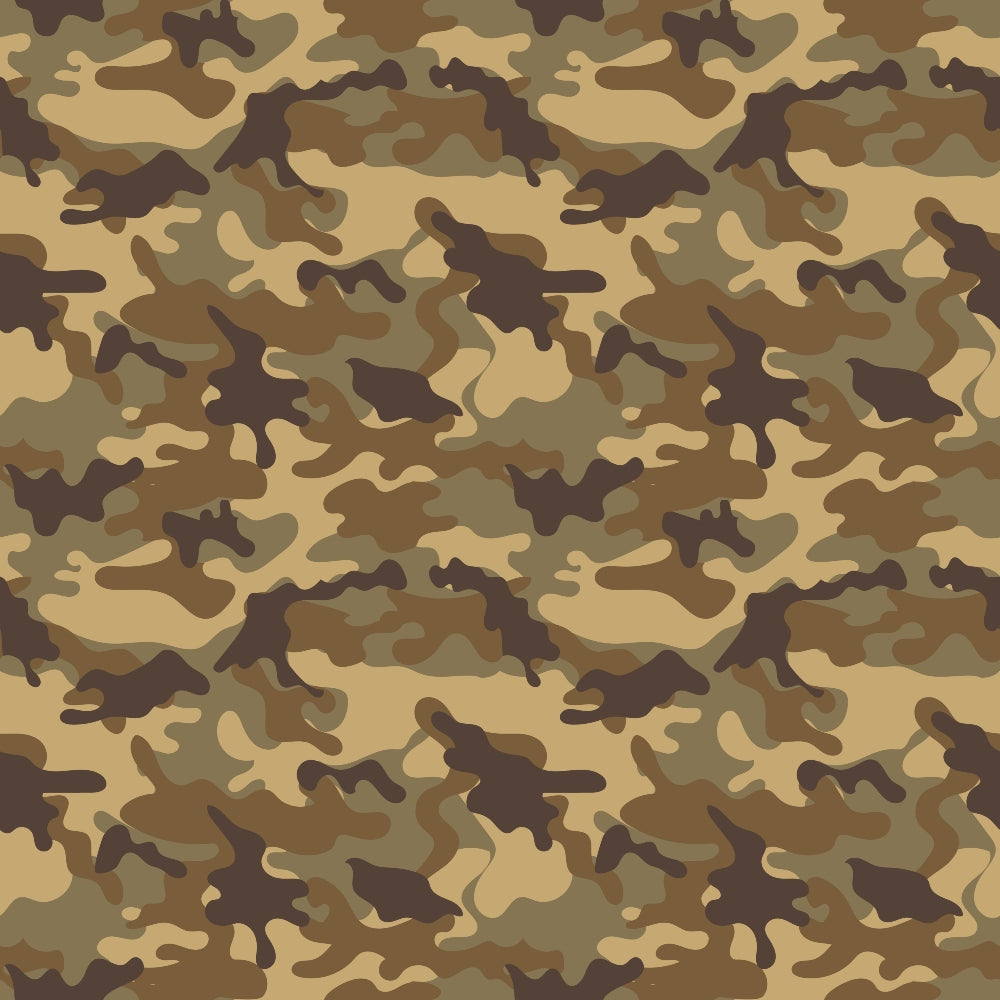 Camouflage pattern with shades of brown, tan, and green in an abstract, wavy design.