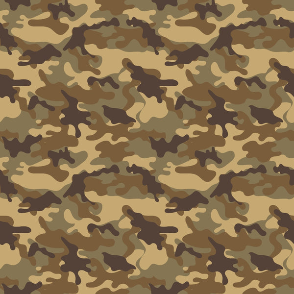 Camouflage pattern with shades of brown, tan, and green in an abstract, wavy design.