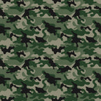 Green, brown, and black camouflage pattern with irregular shapes and a uniform distribution.