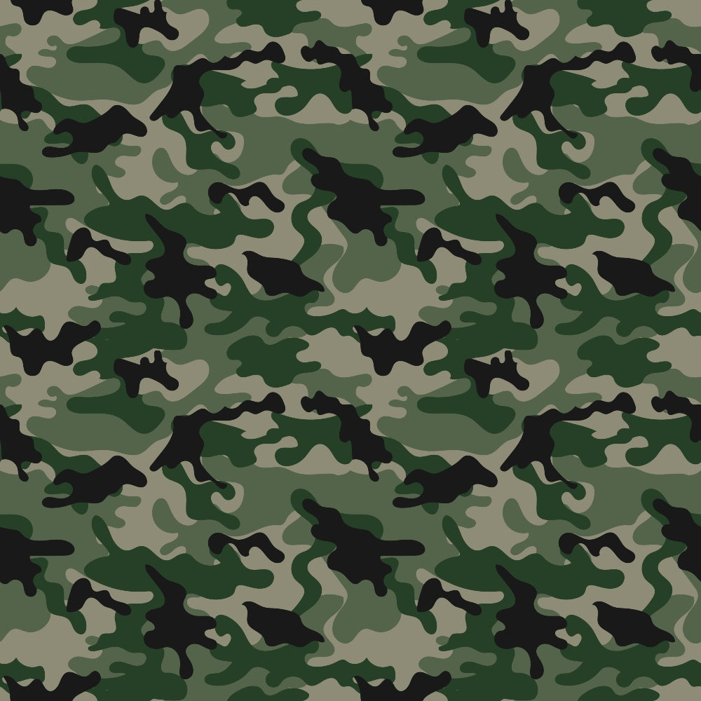 Green, brown, and black camouflage pattern with irregular shapes and a uniform distribution.