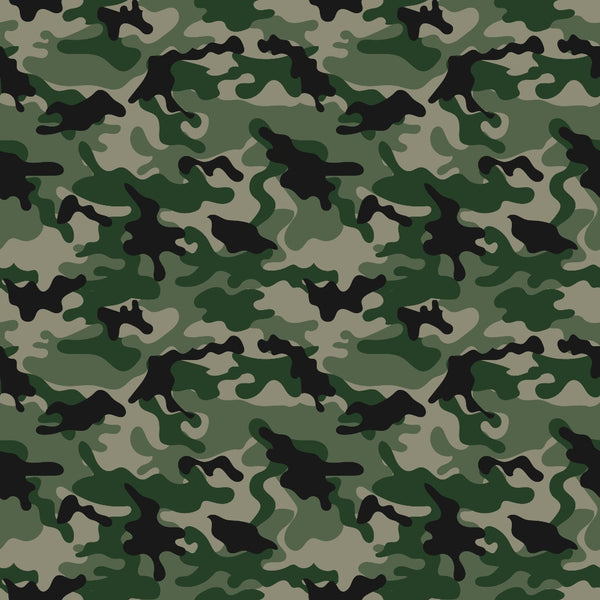 Green, brown, and black camouflage pattern with irregular shapes and a uniform distribution.