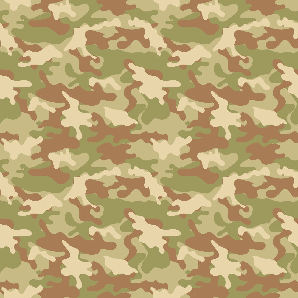 A seamless army camouflage pattern with green, brown, and beige abstract shapes.