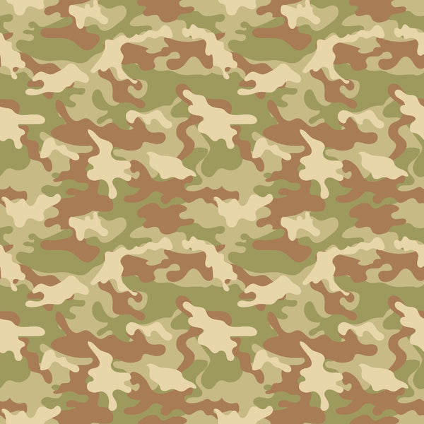 A seamless army camouflage pattern with green, brown, and beige abstract shapes.