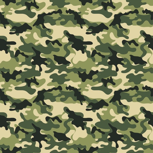 Green and beige camouflage pattern with irregular shapes resembling a forest theme.