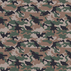 Camouflage pattern featuring green, brown, beige, and black abstract shapes, resembling a traditional military design.