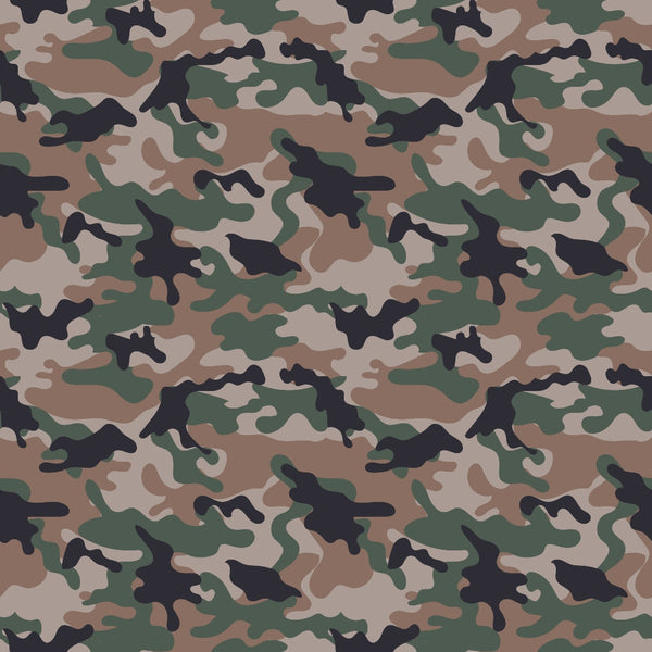 Camouflage pattern featuring green, brown, beige, and black abstract shapes, resembling a traditional military design.
