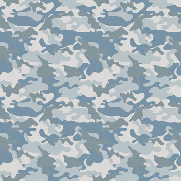 Blue and gray camouflage pattern with abstract shapes.