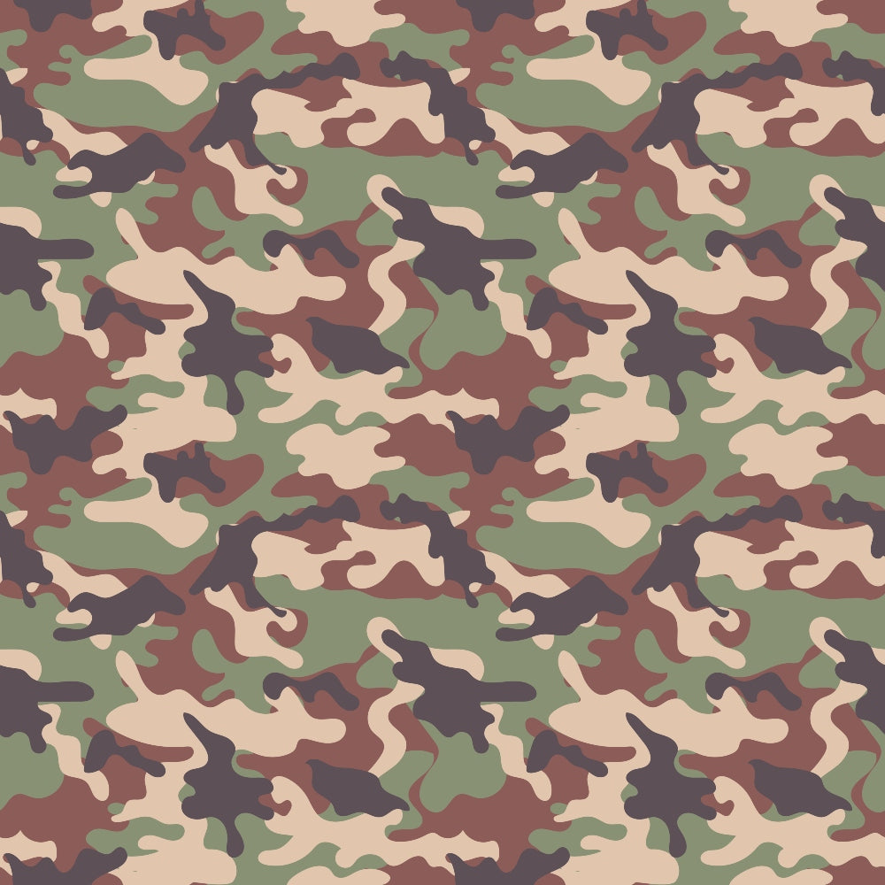 Camouflage pattern with green, brown, beige, and black abstract shapes, forming a repetitive design.