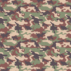 Camouflage pattern with green, brown, beige, and black abstract shapes, forming a repetitive design.