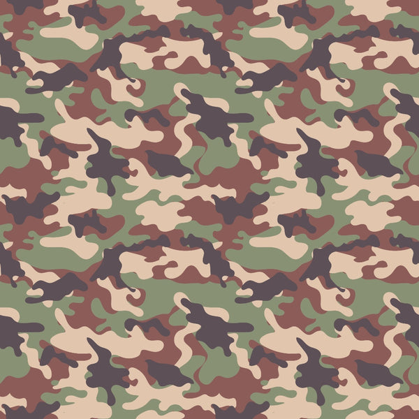 Camouflage pattern with green, brown, beige, and black abstract shapes, forming a repetitive design.