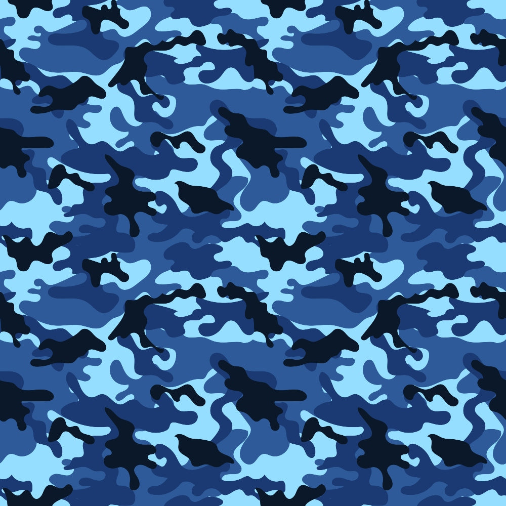 Blue and black camouflage pattern with organic, irregular shapes.