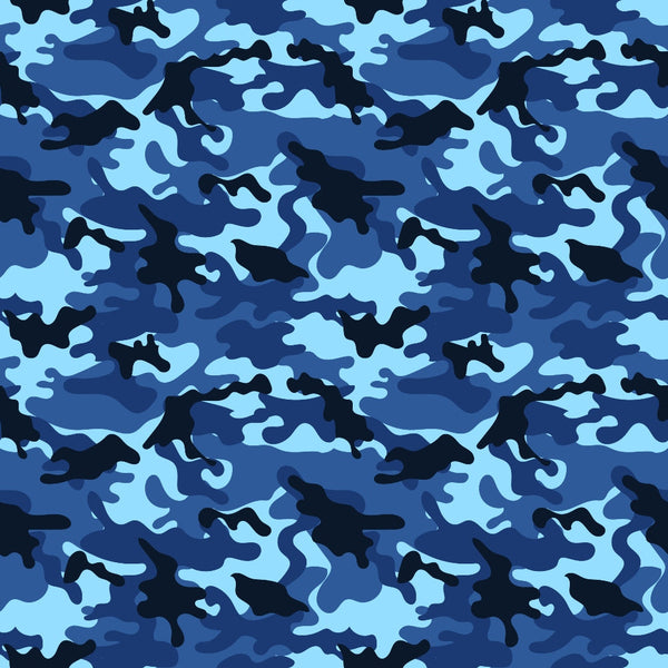 Blue and black camouflage pattern with organic, irregular shapes.