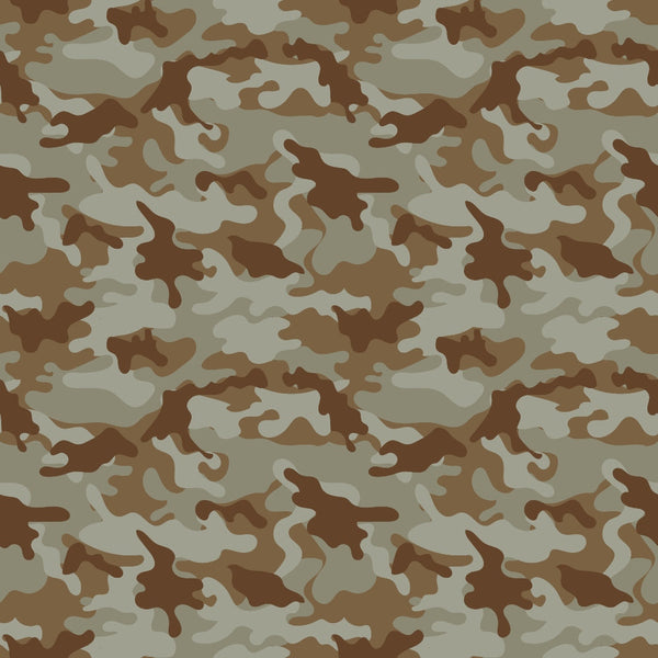 A camouflage pattern with irregular shapes in shades of green, brown, and beige.