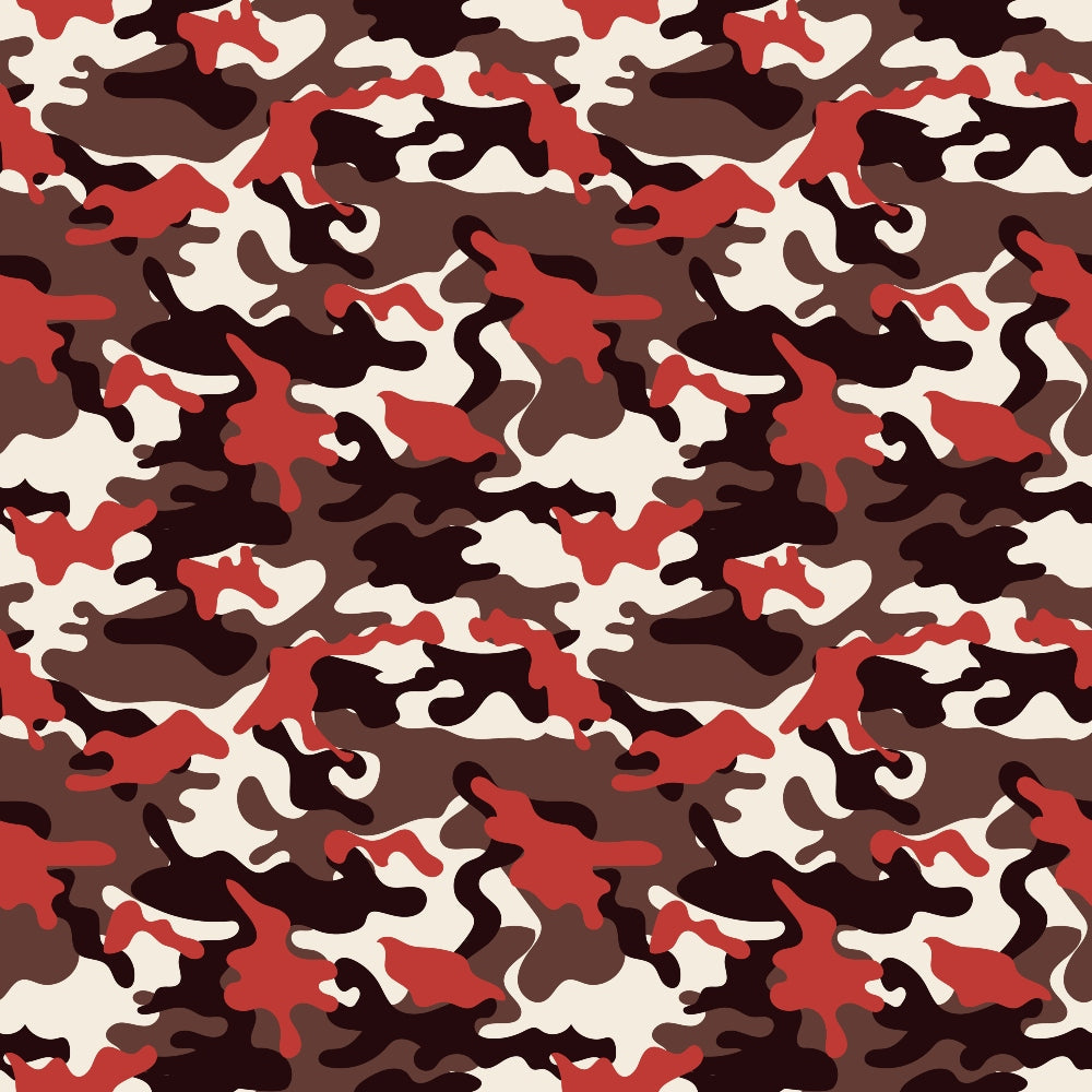 A seamless camouflage pattern with irregular shapes in red, brown, and cream colors.