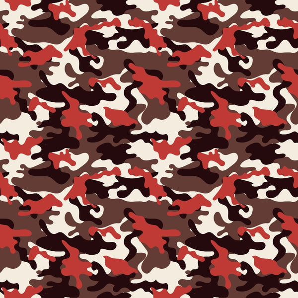 A seamless camouflage pattern with irregular shapes in red, brown, and cream colors.