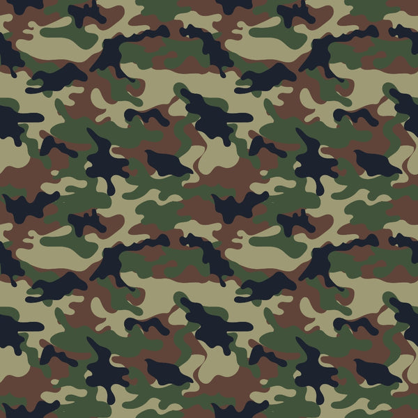 Green, brown, and black camouflage pattern with abstract shapes.