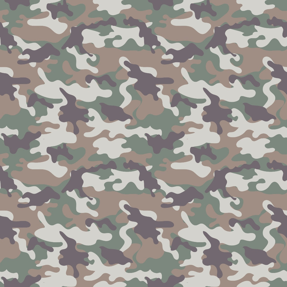 Camouflage pattern with shades of green, brown, gray, and beige forming irregular shapes.