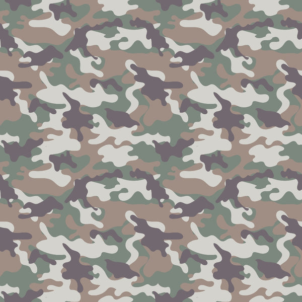 Camouflage pattern with shades of green, brown, gray, and beige forming irregular shapes.