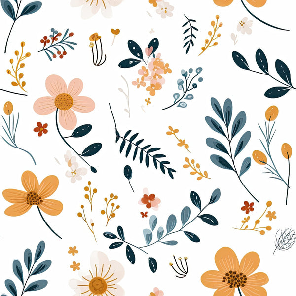 Minimalist Boho Flowers Pattern 10 Fabric featuring floral design, leaves, branches, modern bohemian style, orange, peach, navy blue, beige, white background, cotton textile, quilting material, botanical motifs, delicate blossoms, soft fabric texture, premium .