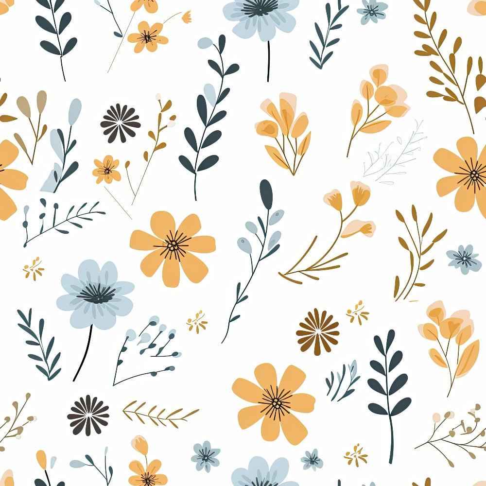 Minimalist Boho Flowers Pattern 11 Fabric, floral design, bohemian style, soft muted colors, yellow flowers, blue blossoms, brown accents, green leaves, delicate stems, nature inspired, quilting material, cotton textile, seamless botanical motif, smooth texture, lightweight fabric, craft supply, sewing project fabric.
