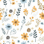 Minimalist Boho Flowers Pattern 11 Fabric, floral design, bohemian style, soft muted colors, yellow flowers, blue blossoms, brown accents, green leaves, delicate stems, nature inspired, quilting material, cotton textile, seamless botanical motif, smooth texture, lightweight fabric, craft supply, sewing project fabric.