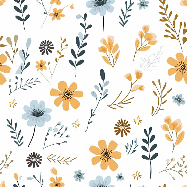 Minimalist Boho Flowers Pattern 11 Fabric, floral design, bohemian style, soft muted colors, yellow flowers, blue blossoms, brown accents, green leaves, delicate stems, nature inspired, quilting material, cotton textile, seamless botanical motif, smooth texture, lightweight fabric, craft supply, sewing project fabric.
