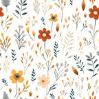 '- Minimalist Boho Flowers Pattern 12 Fabric - White background - Orange, beige, yellow, and green floral motifs - Delicate leaves, buds, and stems - Bohemian style - Cotton textile - Quilting material - Soft, natural colors - Artistic botanical design - Lightweight fabric
