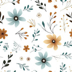 Minimalist Boho Flowers Pattern 1 Fabric featuring floral designs in teal, mustard, black, and beige shades on a white background, with leaves, stems, and delicate blossoms in a bohemian style, soft cotton material ideal for quilting, sewing, and crafts, lightweight textile with a calm, natural color palette, modern and minimal floral print.