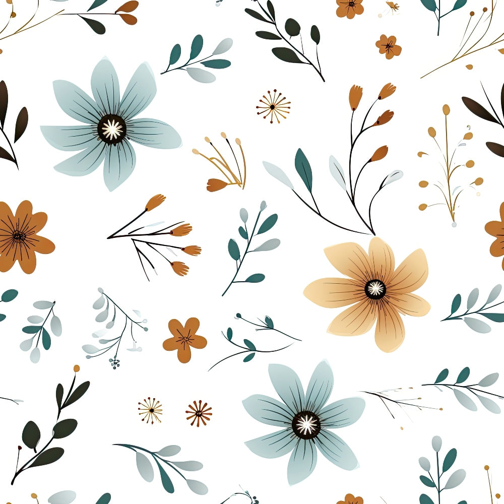 Minimalist Boho Flowers Pattern 1 Fabric featuring floral designs in teal, mustard, black, and beige shades on a white background, with leaves, stems, and delicate blossoms in a bohemian style, soft cotton material ideal for quilting, sewing, and crafts, lightweight textile with a calm, natural color palette, modern and minimal floral print.