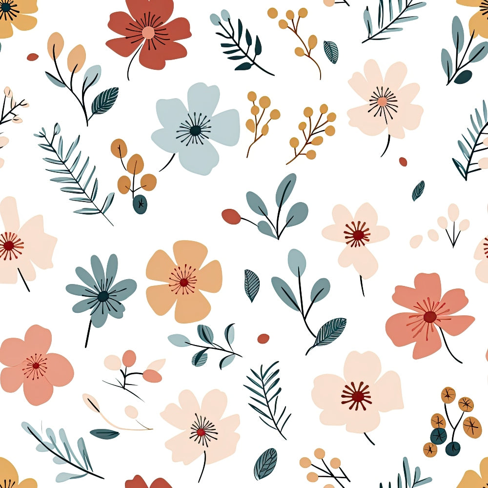 Minimalist Boho Flowers Pattern 2 Fabric, floral design, bohemian style, botanical print, muted tones, pastel colors, earthy shades, delicate blossoms, leafy sprigs, sewing material, quilting textile, natural motifs, soft texture, artisan fabric, crafted cotton