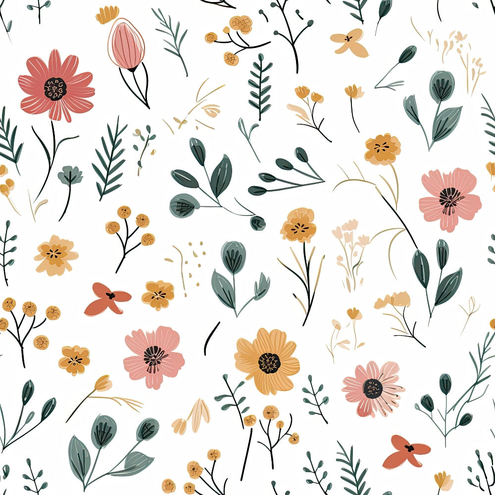 Minimalist Boho Flowers Pattern 3 Fabric featuring floral design, botanical motifs, earthy tones, mustard yellow, blush pink, sage green, delicate blossoms, natural style, lightweight cotton textile, quilting material, artisan fabric for sewing projects.