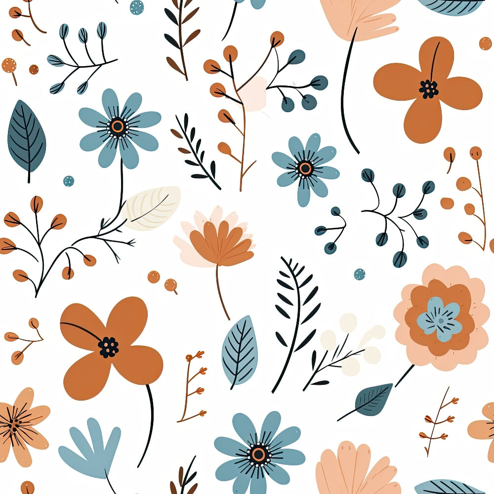 Minimalist Boho Flowers Pattern 4 Fabric featuring floral design, leaves, branches, bohemian style, earthy tones, soft blues, warm browns, cream background,, cotton fabric, nature-inspired, delicate flowers, vintage style, sewing material.