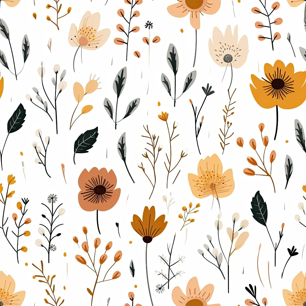 Minimalist Boho Flowers Pattern 5 Fabric showcasing floral design, bohemian style, delicate flowers, botanical illustration, autumn colors, cream background, earth tones, muted oranges, greens, natural texture, quilting fabric, cotton material.