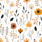 Minimalist Boho Flowers Pattern 5 Fabric showcasing floral design, bohemian style, delicate flowers, botanical illustration, autumn colors, cream background, earth tones, muted oranges, greens, natural texture, quilting fabric, cotton material.