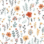 '- Minimalist Boho Flowers Pattern 6 Fabric - Floral design - Abstract flowers - Soft orange, beige, muted green, black accents - Botanical elements - Vintage style - Natural motifs - textile - Craft fabric - Handmade sewing material