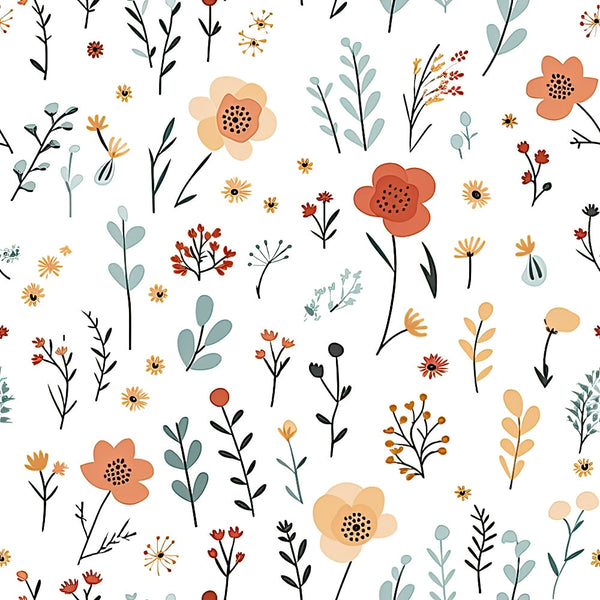'- Minimalist Boho Flowers Pattern 6 Fabric - Floral design - Abstract flowers - Soft orange, beige, muted green, black accents - Botanical elements - Vintage style - Natural motifs - textile - Craft fabric - Handmade sewing material