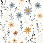 Minimalist Boho Flowers Pattern 7 Fabric with floral designs, muted blue, beige, rust, cream colors, delicate leaves, stems, dots, soft texture, bohemian style, natural elements, quilting material, cotton textile, yardage fabric, handmade crafts, rustic floral print.