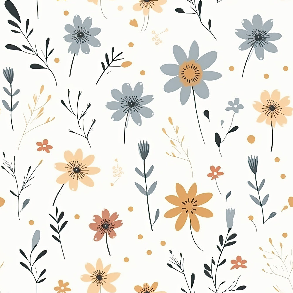 Minimalist Boho Flowers Pattern 7 Fabric with floral designs, muted blue, beige, rust, cream colors, delicate leaves, stems, dots, soft texture, bohemian style, natural elements, quilting material, cotton textile, yardage fabric, handmade crafts, rustic floral print.