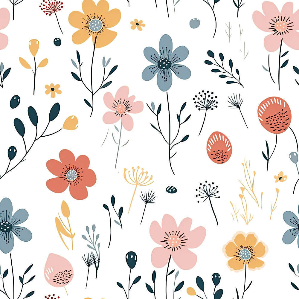 Minimalist Boho Flowers Pattern 8 Fabric, floral design, bohemian style, pastel colors, muted pink, soft blue, mustard yellow, terracotta orange, black stems, delicate leaves, spring motif, natural, organic, simple, elegant, quilting, cotton, fabric, lightweight textile, smooth texture, sewing material.