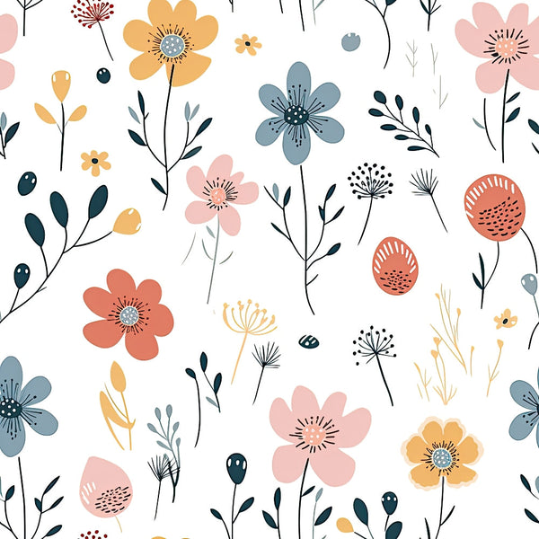 Minimalist Boho Flowers Pattern 8 Fabric, floral design, bohemian style, pastel colors, muted pink, soft blue, mustard yellow, terracotta orange, black stems, delicate leaves, spring motif, natural, organic, simple, elegant, quilting, cotton, fabric, lightweight textile, smooth texture, sewing material.