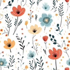 Minimalist Boho Flowers Pattern 9 Fabric featuring floral design, bohemian style, soft cotton texture, orange, blue, cream, green leaves, delicate stems, handcrafted, natural inspiration, quilting material, lightweight fabric.