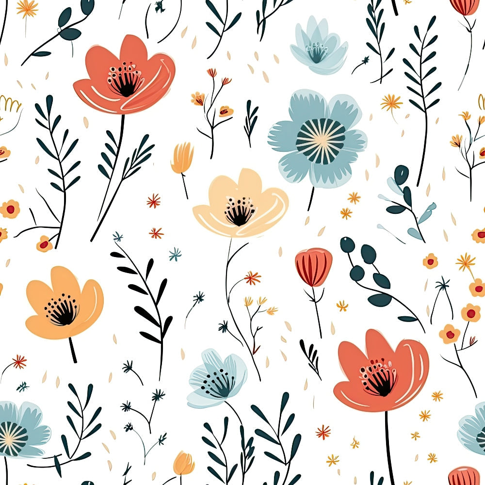 Minimalist Boho Flowers Pattern 9 Fabric featuring floral design, bohemian style, soft cotton texture, orange, blue, cream, green leaves, delicate stems, handcrafted, natural inspiration, quilting material, lightweight fabric.