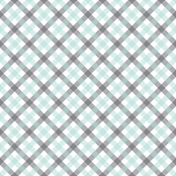 A seamless plaid pattern with alternating gray, black, and light blue squares on a white background.