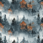 Pattern of misty forest with tall evergreen trees and patches of brown foliage, creating a serene and atmospheric design.