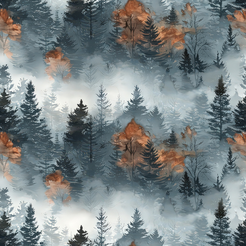 Pattern of misty forest with tall evergreen trees and patches of brown foliage, creating a serene and atmospheric design.