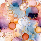 '- Modern Alcohol Ink Pattern 11 Fabric - Abstract design - Multicolor circles - Soft watercolor effect - Blue, purple, orange, and gold tones - Fluid shapes - material - Artistic fabric print - Vibrant colors - Premium quilting fabric