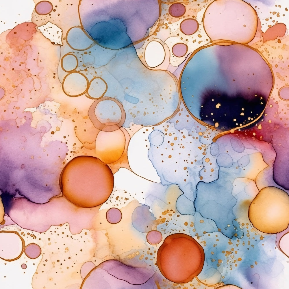 '- Modern Alcohol Ink Pattern 11 Fabric - Abstract design - Multicolor circles - Soft watercolor effect - Blue, purple, orange, and gold tones - Fluid shapes - material - Artistic fabric print - Vibrant colors - Premium quilting fabric