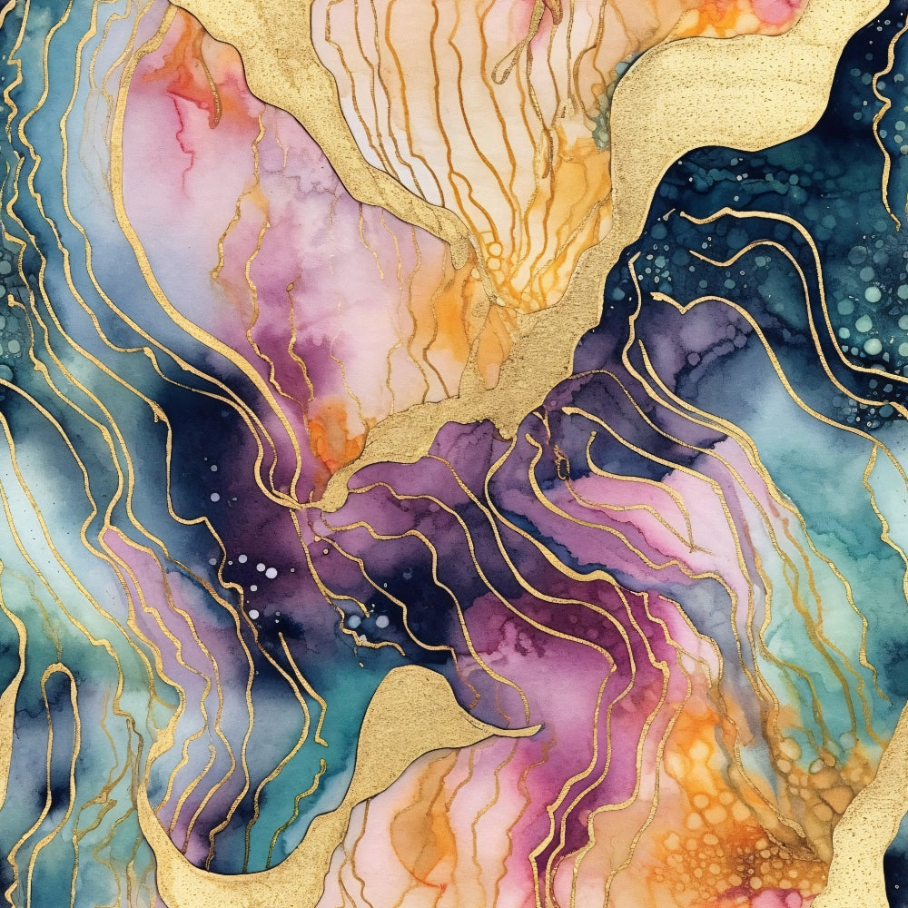 Modern Alcohol Ink Pattern 12 Fabric featuring abstract fluid design, gold accents, colorful marbled swirls, purples, blues, oranges, pinks, artistic texture, premium, vibrant colors, seamless fabric print.