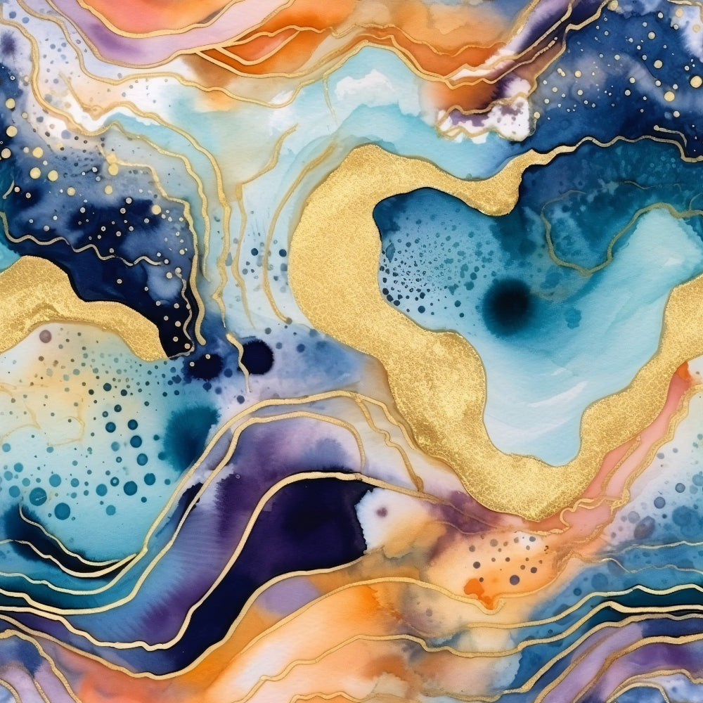 Modern Alcohol Ink Pattern 13 Fabric featuring abstract swirls, gold accents, blue, teal, orange, purple, and cream colors, fluid design, artistic textile, vibrant, soft texture, premium fabric, modern art inspired pattern, fabric for quilting and crafting.