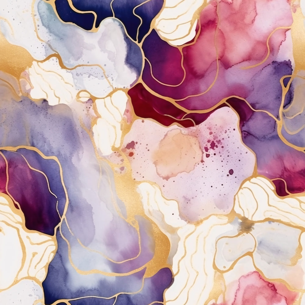 Modern Alcohol Ink Pattern 15 Fabric featuring multicolored abstract design with gold accents, blending shades of purple, pink, navy, cream, and beige, showcasing fluid shapes, swirls, watercolor effects, textile, craft material, sewing, quilting, fabric textile, cotton cloth, vibrant colors, artistic pattern, soft texture.